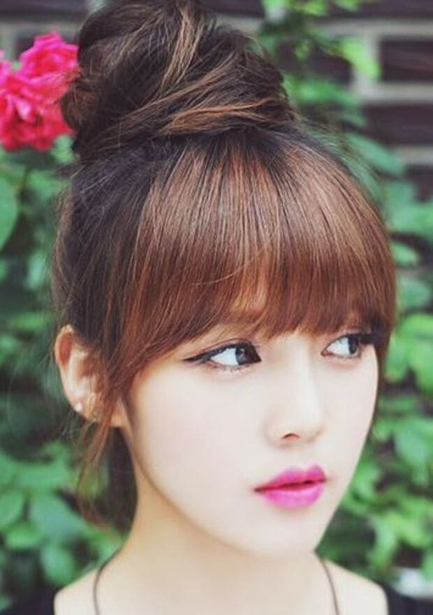 Side Bangs with Messy Top Knot korean